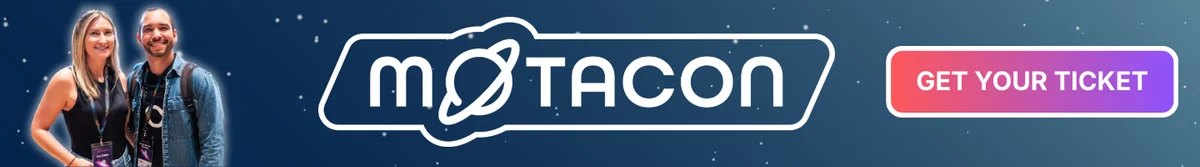 Two MoTacon attendees are on the left. The MoTaacon logo is in the center, and to the right a prompt to Get Your Ticket.